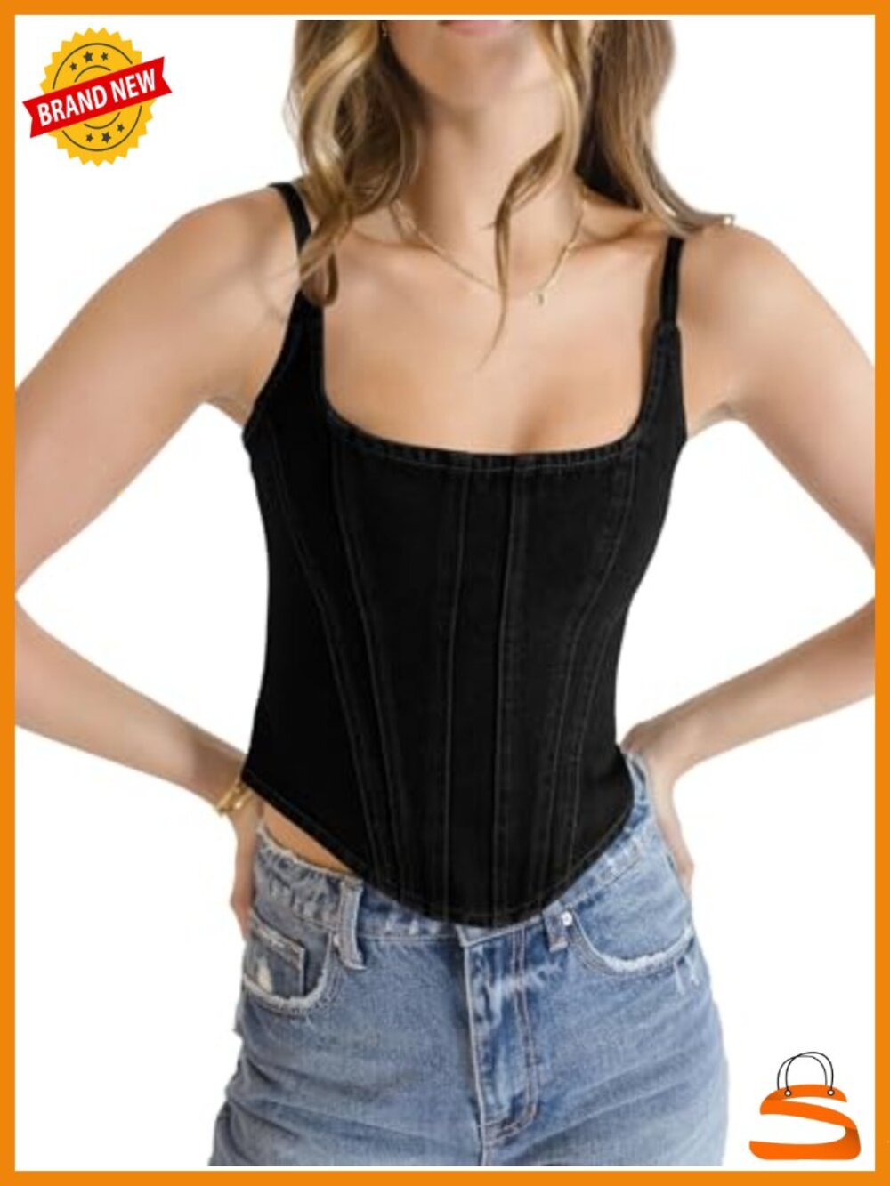 Denim Corset Tank Top Sleeveless Crop Top Spaghetti Strap Zipper Back Summer